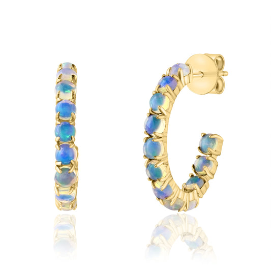 Lady's Yellow 14 Karat Small Hoop Earrings With 24 = 2.01Twt Round Opals