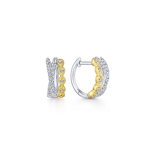 14K Yellow-White Gold Criss Cross 10mm Diamond Huggies