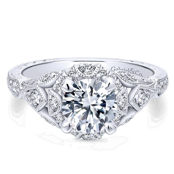 Unique 14K White Gold Vintage Inspired Diamond Halo Engagement Ring