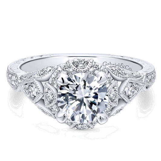 Unique 14K White Gold Vintage Inspired Diamond Halo Engagement Ring