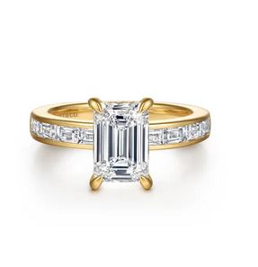 14K Yellow Gold Emerald Cut Channel Set Baguette Diamond Engagement Ring