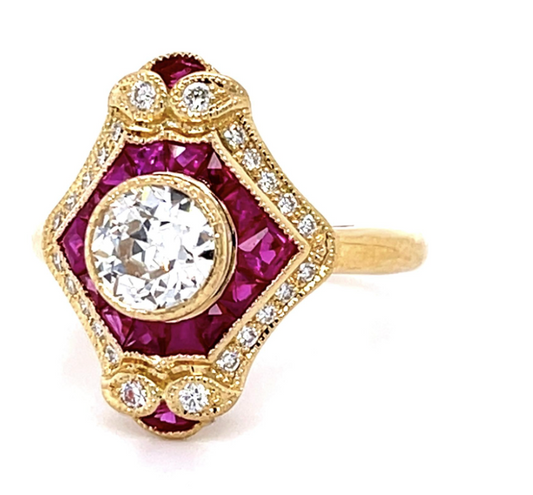 .70ct Old European Diamond 1.60ct Ruby 18KY Ring .17ct SD 6.10g 6.50 Size