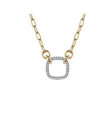 14K White & Yellow Gold Open Cushion Shape Diamond Hollow Paperclip Chain Necklace