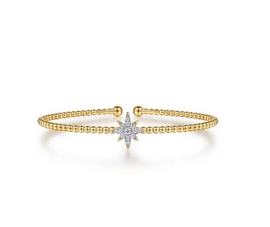 14K Yellow Gold Bujukan and Diamond Starburst Split Bangle Bracelet