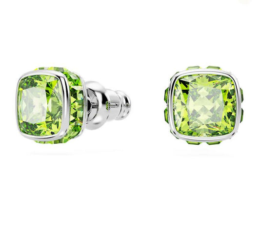 Birthstone stud earrings Square cut, August, Green, Rhodium plated