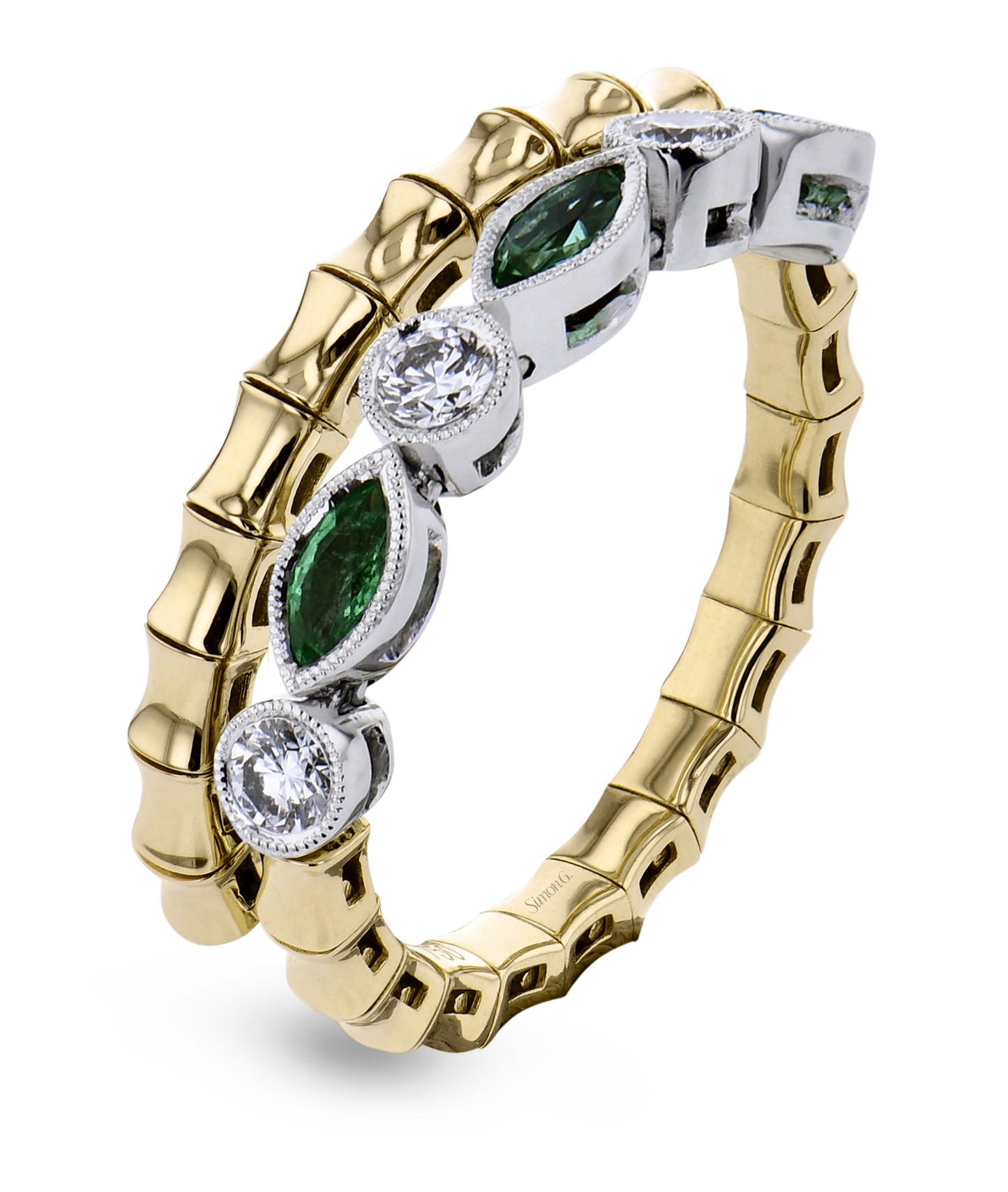 Lady's Two-Tone 18 Karat Bypass Fashion Ring Size 6.5 With 3 = 0.17Twt Round G Vs1 Diamonds And 3 = 0.23Twt Marquise Emeralds