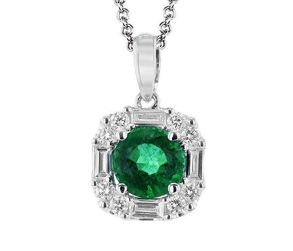 Lady's White 18 Karat Halo Pendants Length 18 With One = 0.82Ct Round Emerald, 8 = 0.16Tw Round G Vs1 Diamonds And 0.24 Twt Other Stones