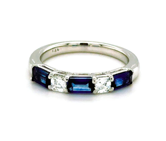 Lady's White 14 Karat 5 Stone Fashion Ring Size 6.5 With 3 = 0.98Tw Emerald Sapphires And 3 = 0.26Tw Round H Si1 Diamonds