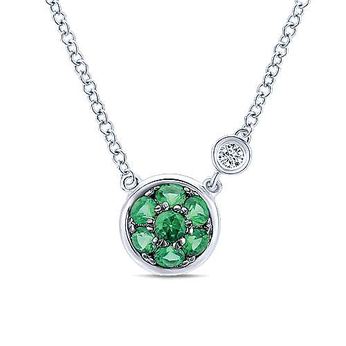 925 Sterling Silver Round Emerald Cluster Pendant Necklace with Side Bezel Diamond A Quality