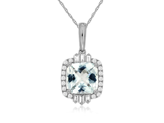 Lady's White 14 Karat Halo Pendants Length 18 With One 1.90Ct Cushion Aqua And 0.18Tw Round I I1 Diamonds