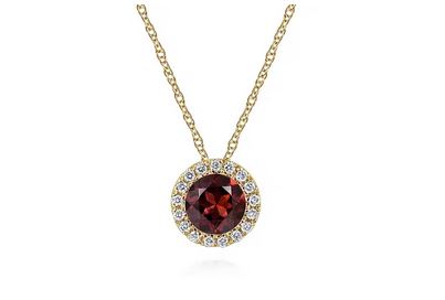14k Yellow Gold Garnet And Diamond Halo Pendant Necklace