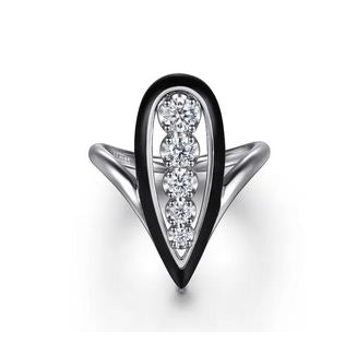 14K White Gold Graduating Diamond Chevron Ring with Black Enamel