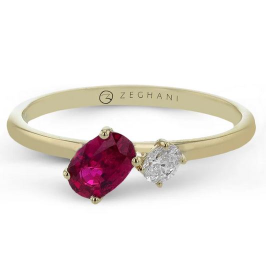 Lady's Yellow 14 Karat Prong Fashion Ring Size 6.5 With One = 0.13Ct Oval G Vs1 Diamond And One = 0.61Ct Oval Ruby