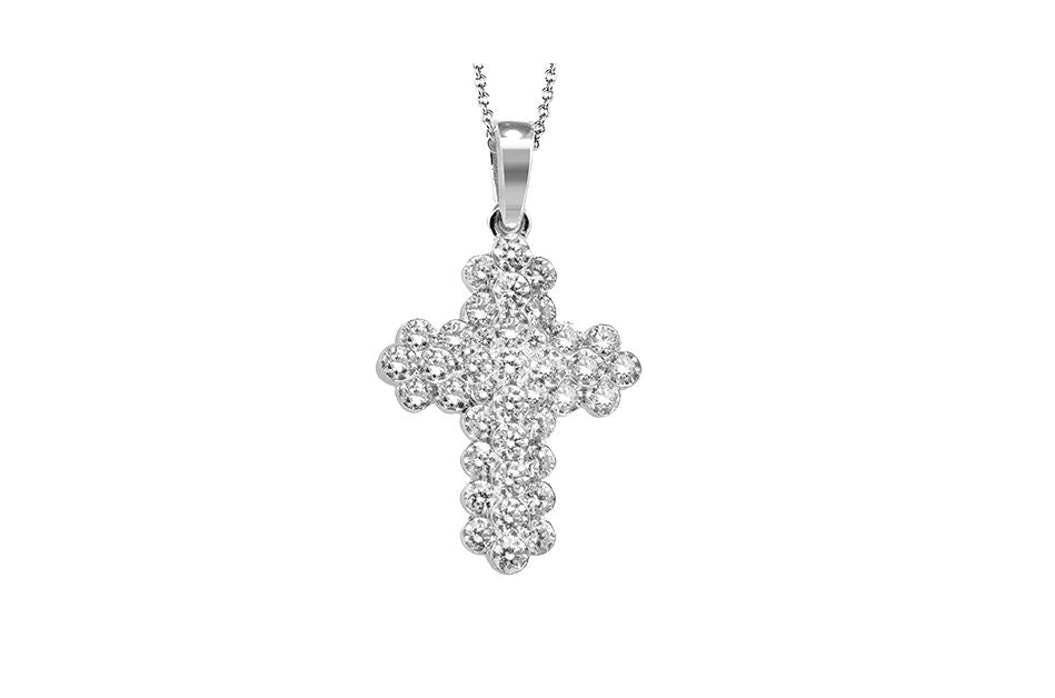 Lady's White 14 Karat Cross Pendant Length 18 With 39 = 0.82Twt Round G Vs1 Diamonds