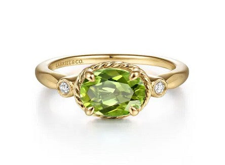14K Yellow Gold Twisted Oval Peridot and Diamond Ring