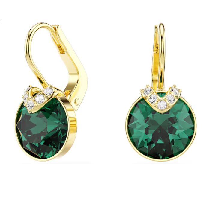 Bella V drop earrings Round cut, Green, Gold-tone plated