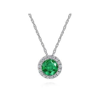 14k Yellow Gold Emerald And Diamond Halo Pendant Necklace