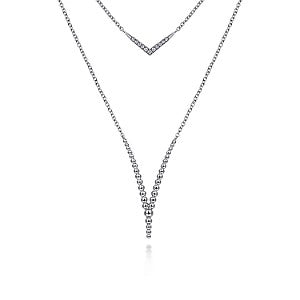 20" 925 Sterling Silver White Sapphire And Beaded Chevon Necklace