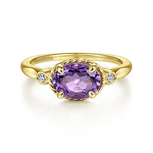 14k Yellow Gold Oval Amethyst And Diamond Three Stone Ring
