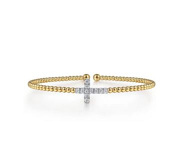 14K White & Yellow Gold Beaded Diamond Cuff Bangle Bracelet, 6.25 inch-Bujukan