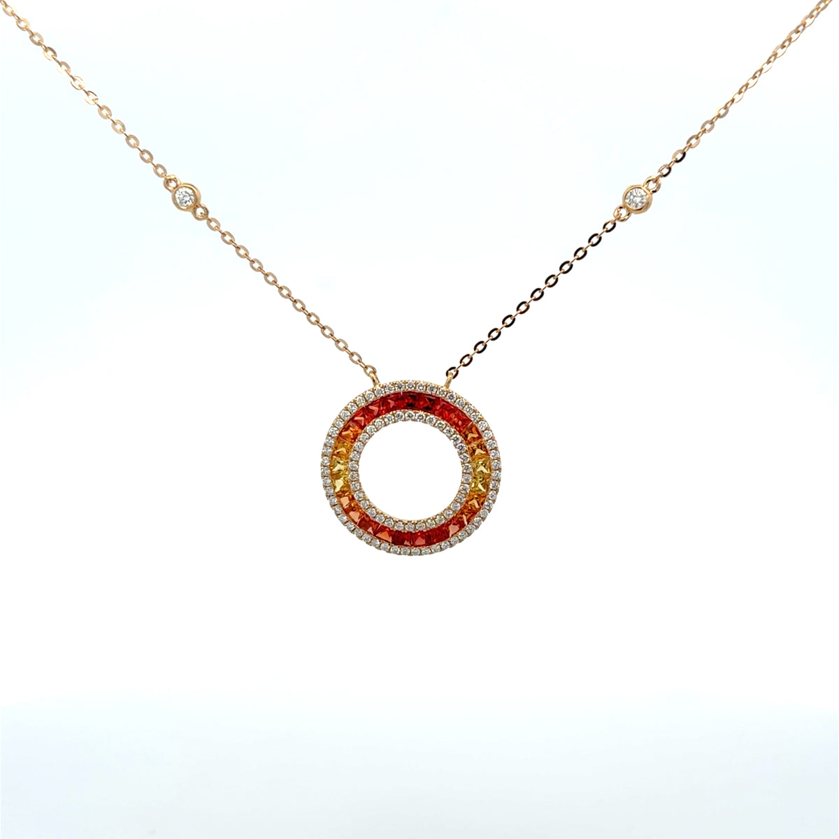 Lady's Yellow 18 Karat Station Necklace Length 18 With 25 = 1.57Twt Round Orange Sapphires And 87 = 0.49Twt Round H Si1 Diamonds