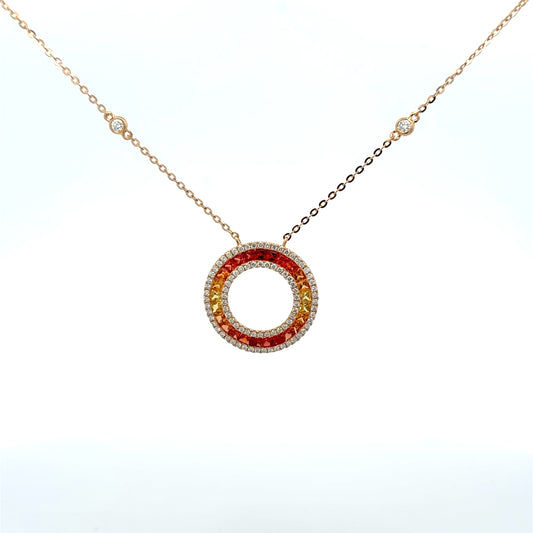 Lady's Yellow 18 Karat Station Necklace Length 18 With 25 = 1.57Twt Round Orange Sapphires And 87 = 0.49Twt Round H Si1 Diamonds