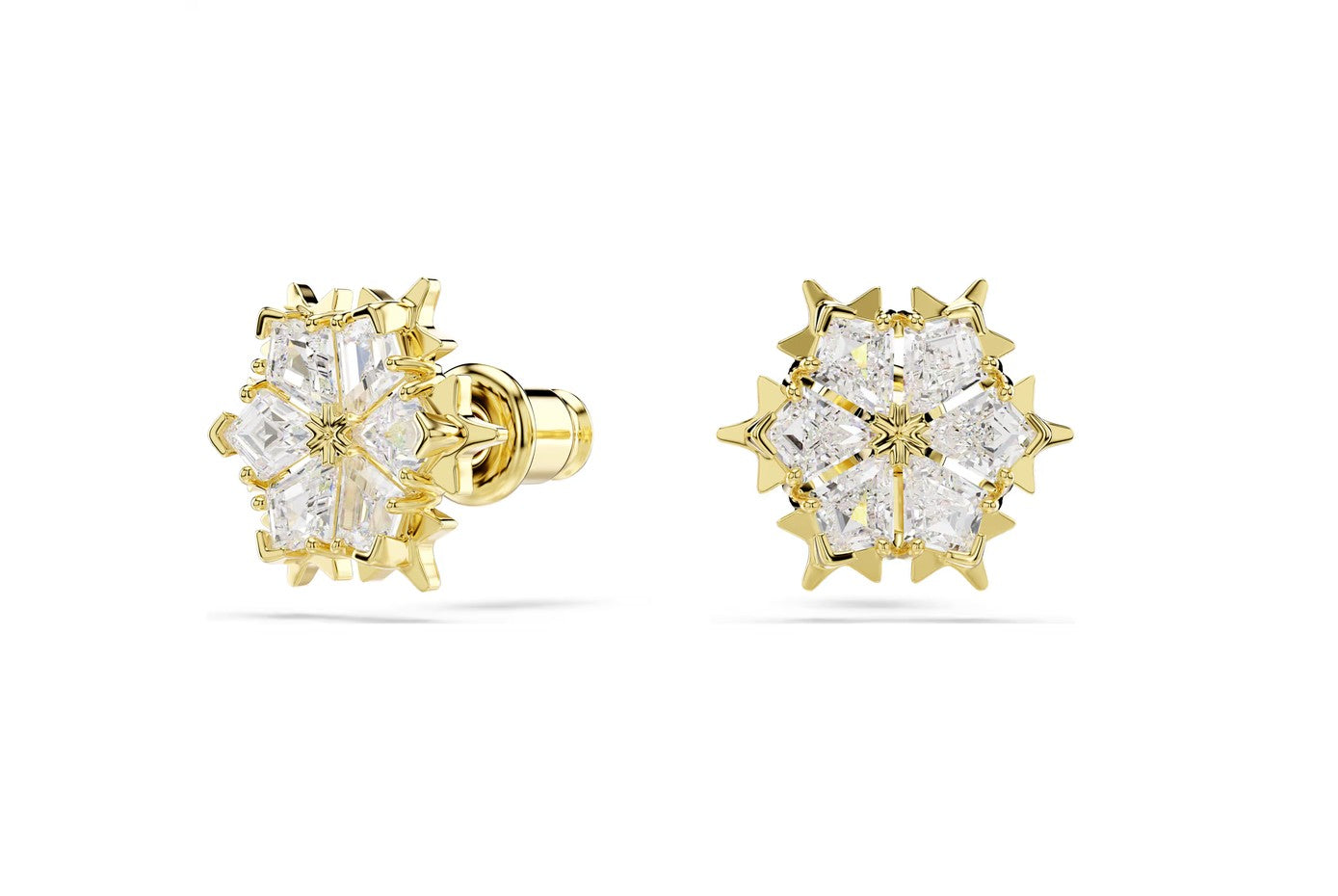 Magic stud earrings Mixed cuts, Snowflake, White, 18K gold finish