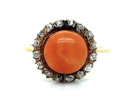 Original Victorian Salmon Cab Coral + 1ct Diamond 18KY Ring (Antique 1890s)