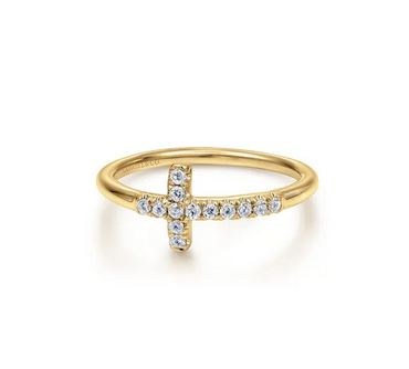 14K Yellow Gold Sideways Diamond Cross Ring