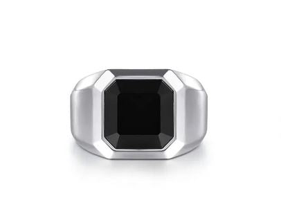Wide 925 Sterling Silver Signet Ring with Faceted Onyx Stone in Sand Blast Finish