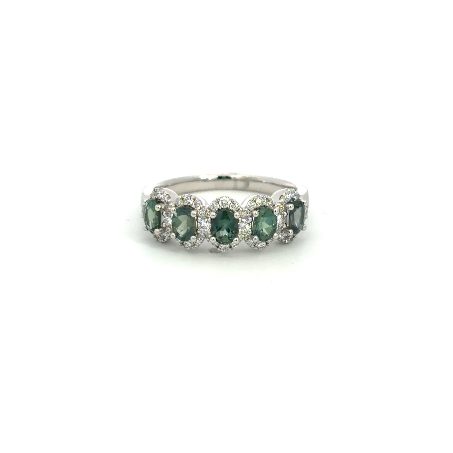 Lady's White 18 Karat Stackable Fashion Ring Size 6.5 With 5 = 1.00Twt Oval Alexandrites And 56 = 0.34Twt Round H Si1 Diamonds