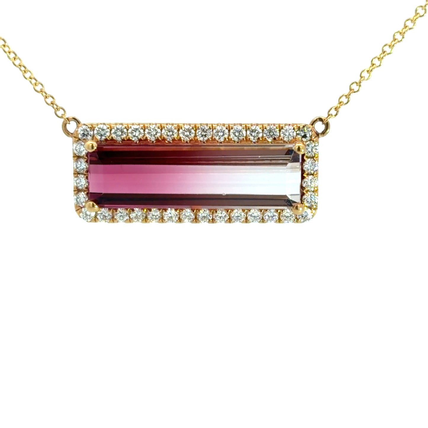 Lady's Yellow 18 Karat Bar Necklace Length 18 With One = 5.15Ct Emerald Tourmaline And 36 = 0.44Twt Round H Si1 Diamonds