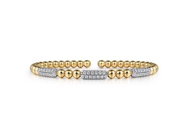 14K White and Yellow Gold Diamond Pave Three Station Bar Bujukan Beads Split Bangle Bracelet