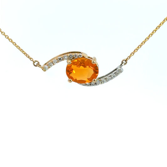 Lady's Two-Tone 14 Karat Emerald May Necklace Length 18 With One = 1.25Ct Oval Opal, 12 = 0.125Twt Round G/H Vs1 Diamonds And 0.025 Twt Other Stones