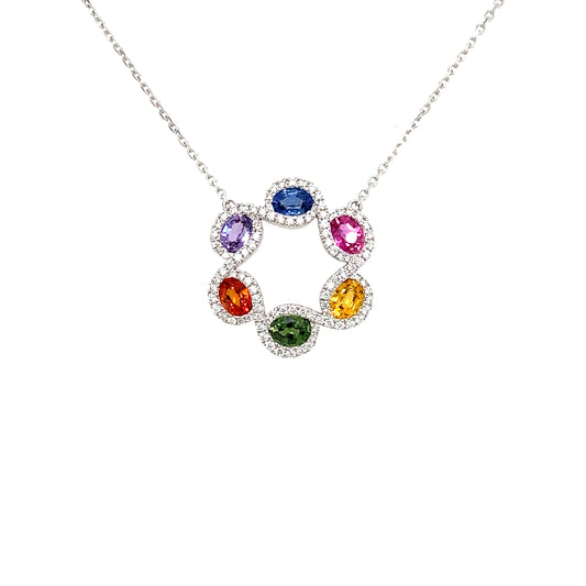 Lady's White 18 Karat Freeform Necklace With 6 = 1.84Tw Various Shapes Sapphires And 96 = 0.36Tw Round H/I Si1 Diamonds