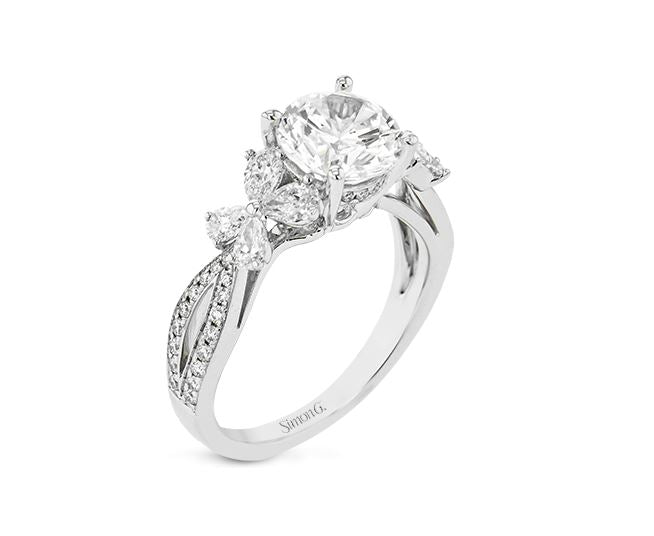 White 18 Karat Floral / Organic Ring Size 6.5 With = 0.62Tw Pear G Vs1 Diamonds And = 0.20Tw Round G Vs1 Diamonds