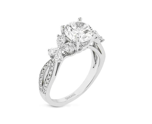 White 18 Karat Floral / Organic Ring Size 6.5 With = 0.62Tw Pear G Vs1 Diamonds And = 0.20Tw Round G Vs1 Diamonds
