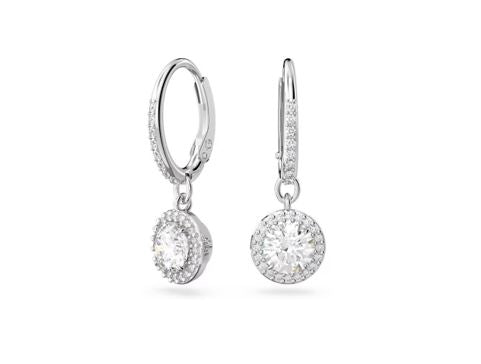 Una Angelic drop earrings Round cut, Pavé, White, Rhodium plated