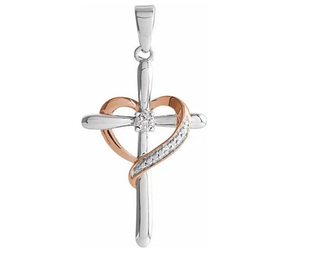 Sterling Silver .006 CTW Natural Diamond Heart Cross Pendant with Rhodium-Plated Sterling Silver 1 mm Adjustable Cable 16-18" Chain