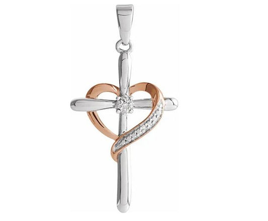 Sterling Silver .006 CTW Natural Diamond Heart Cross Pendant with Rhodium-Plated Sterling Silver 1 mm Adjustable Cable 16-18" Chain