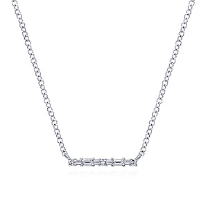 14k White Gold Baguette And Round Diamond Bar Necklace