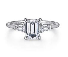 14k White Gold Emerald Cut Three Stone Diamond Engagement Ring