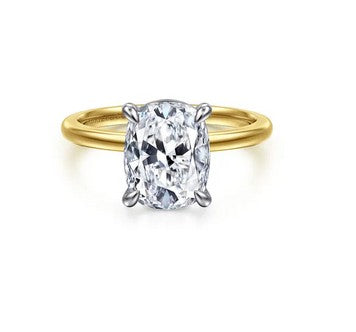14K White-Yellow Gold Elongated Cushion Solitaire Diamond Engagement Ring