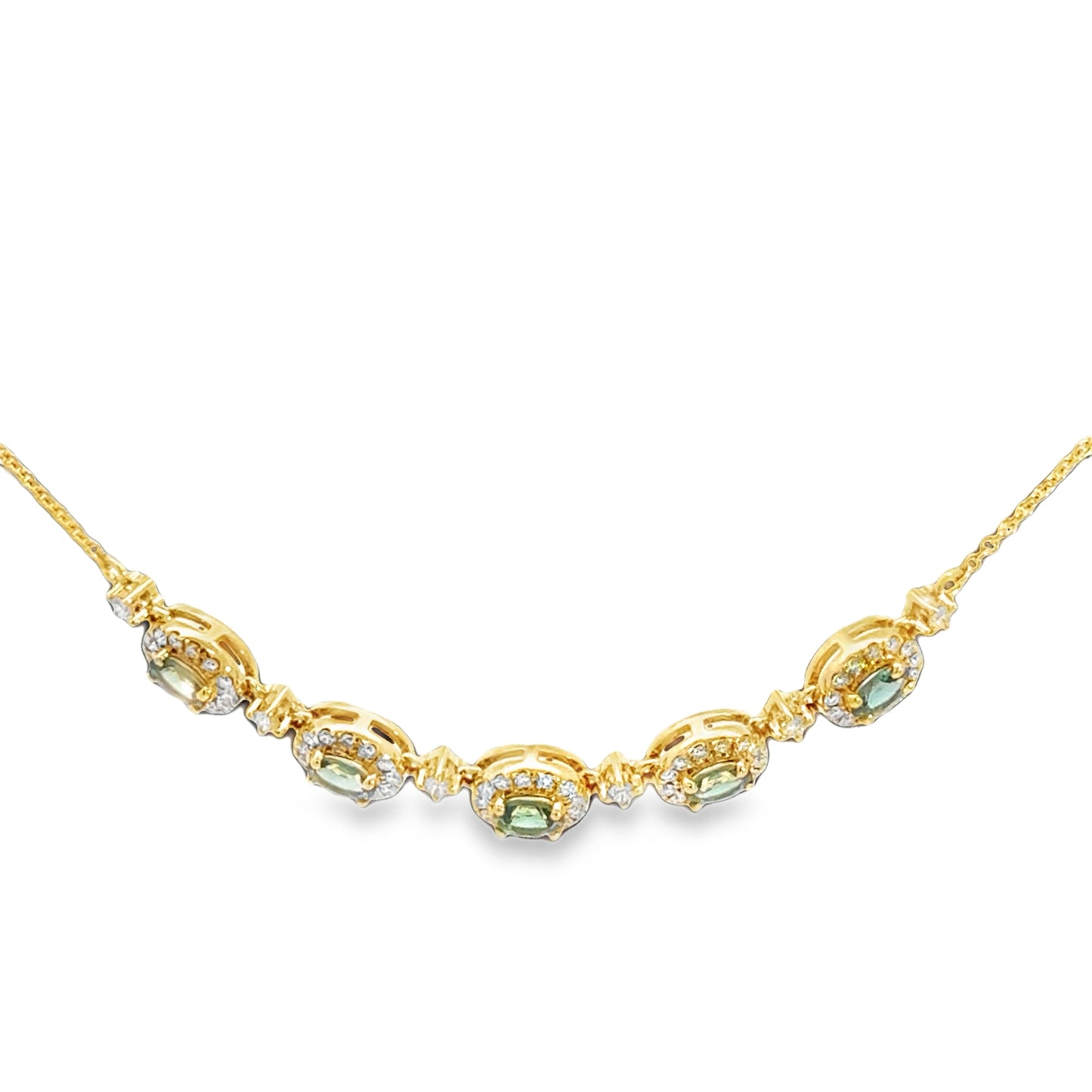 Lady's Yellow 14 Karat Halo Necklace Length 18 With 5 = 0.81Tw Round Alexandrites And 71 = 0.46Tw Round H Si1 Diamonds