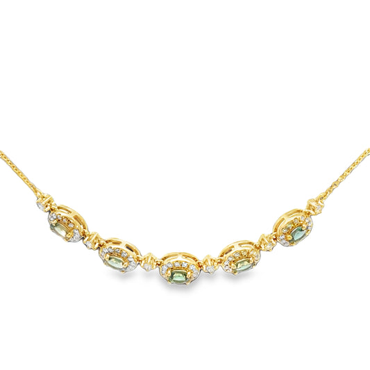Lady's Yellow 14 Karat Halo Necklace Length 18 With 5 = 0.81Tw Round Alexandrites And 71 = 0.46Tw Round H Si1 Diamonds