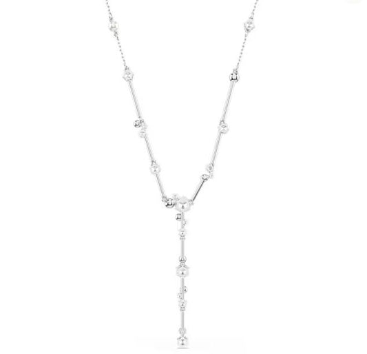 Constella Y necklace Crystal pearl, Round cuts, White, Rhodium plated