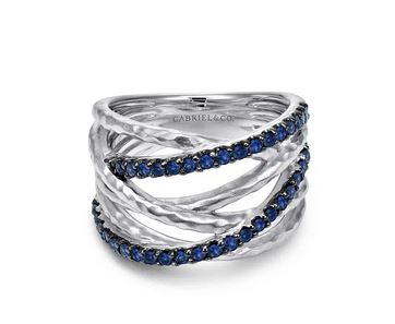 Sterling Silver Hammered Wide Band Layered Sapphire Ring