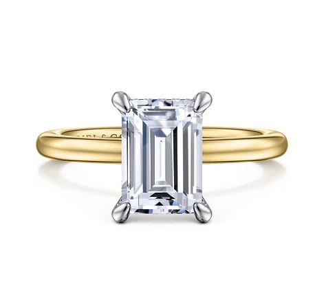 14k White-yellow Gold Hidden Halo Emerald Cut Diamond Engagement Ring