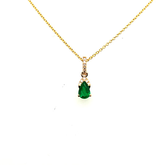Lady's Yellow 18 Karat Drop Pendants With One = 0.39Ct Round Emerald And 10 = 0.06Tw Round Diamonds