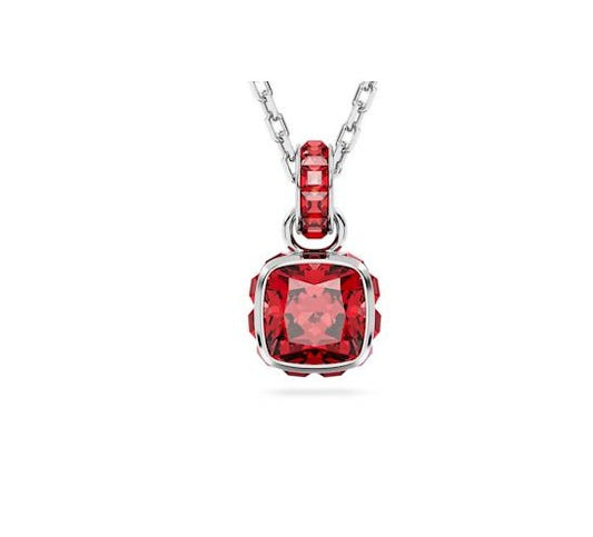Birthstone pendant Square cut, July, Red, Rhodium plated